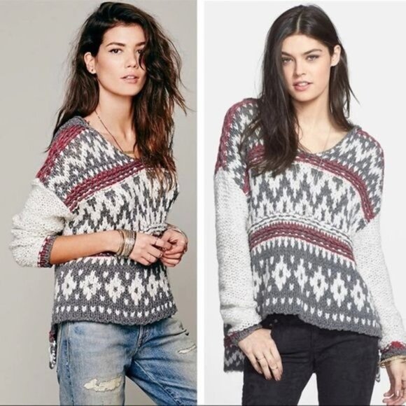 NWT Free People Chunky Knit Fair Isle Hooded Sweater - Picture 11 of 12